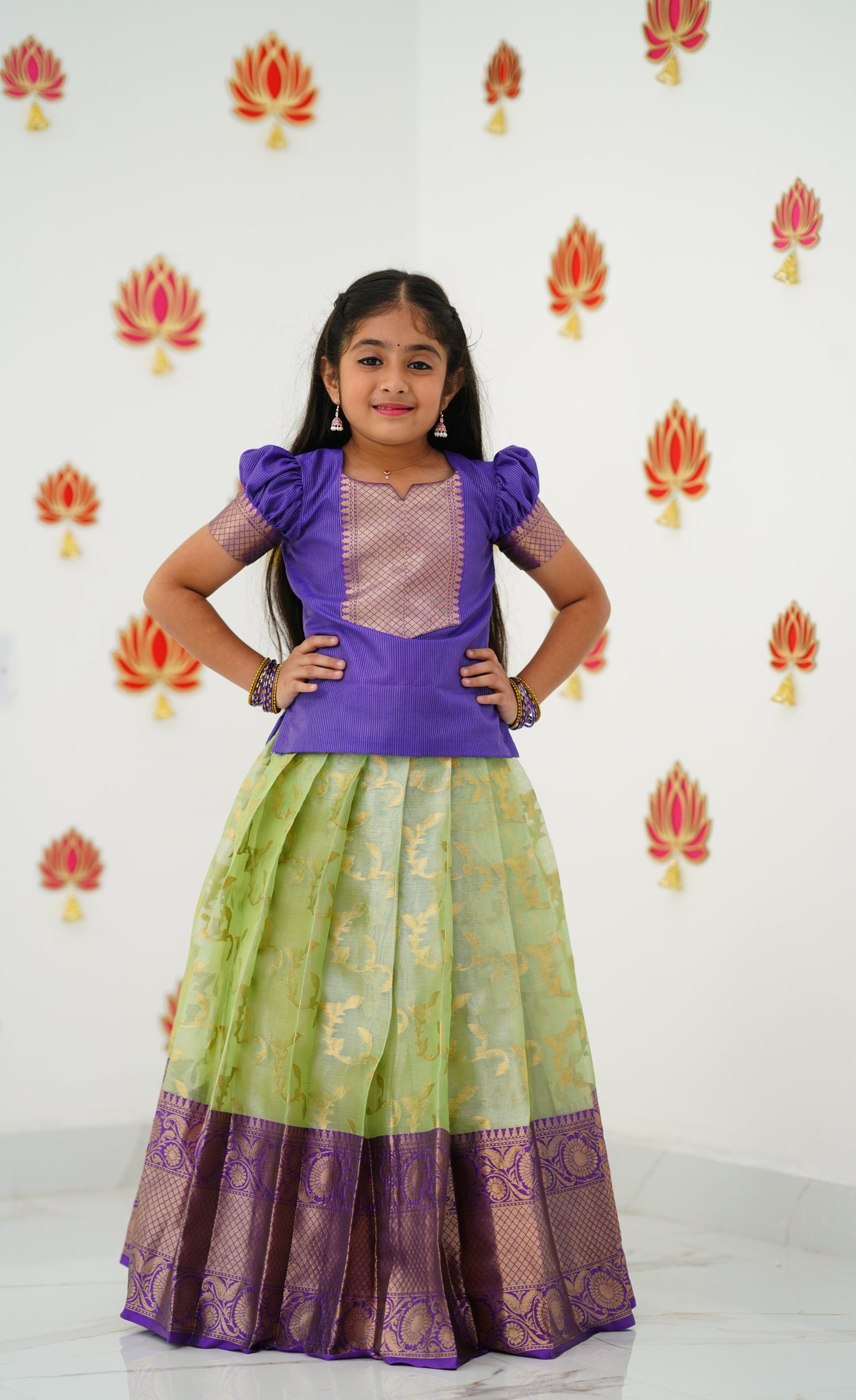 Organza Pavadai Sattai - Pastel Green and Purple