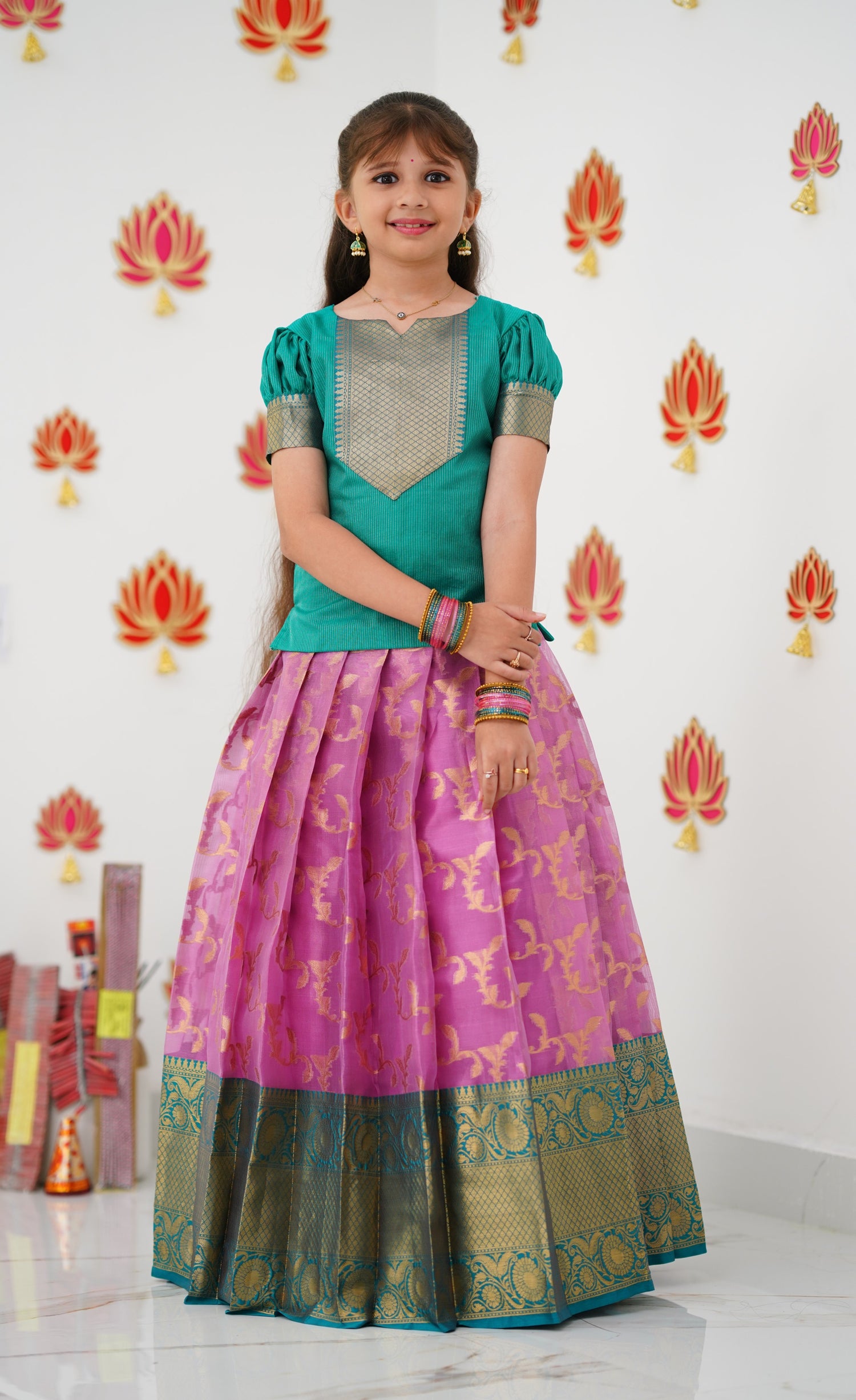 Organza Pavadai Sattai - Pink and Teal Green