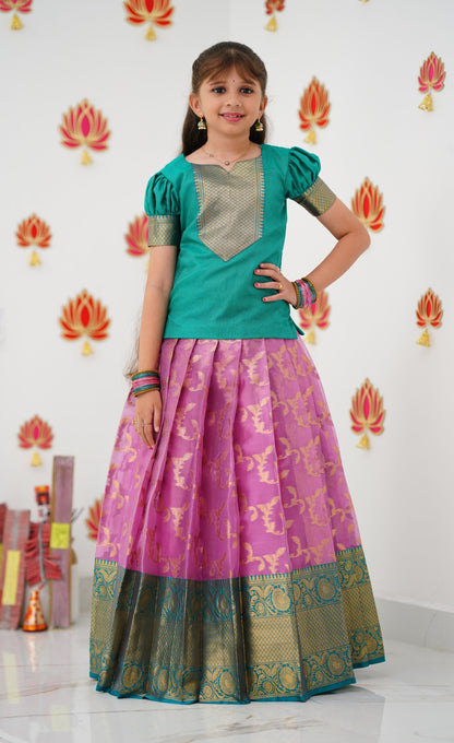 Organza Pavadai Sattai - Pink and Teal Green