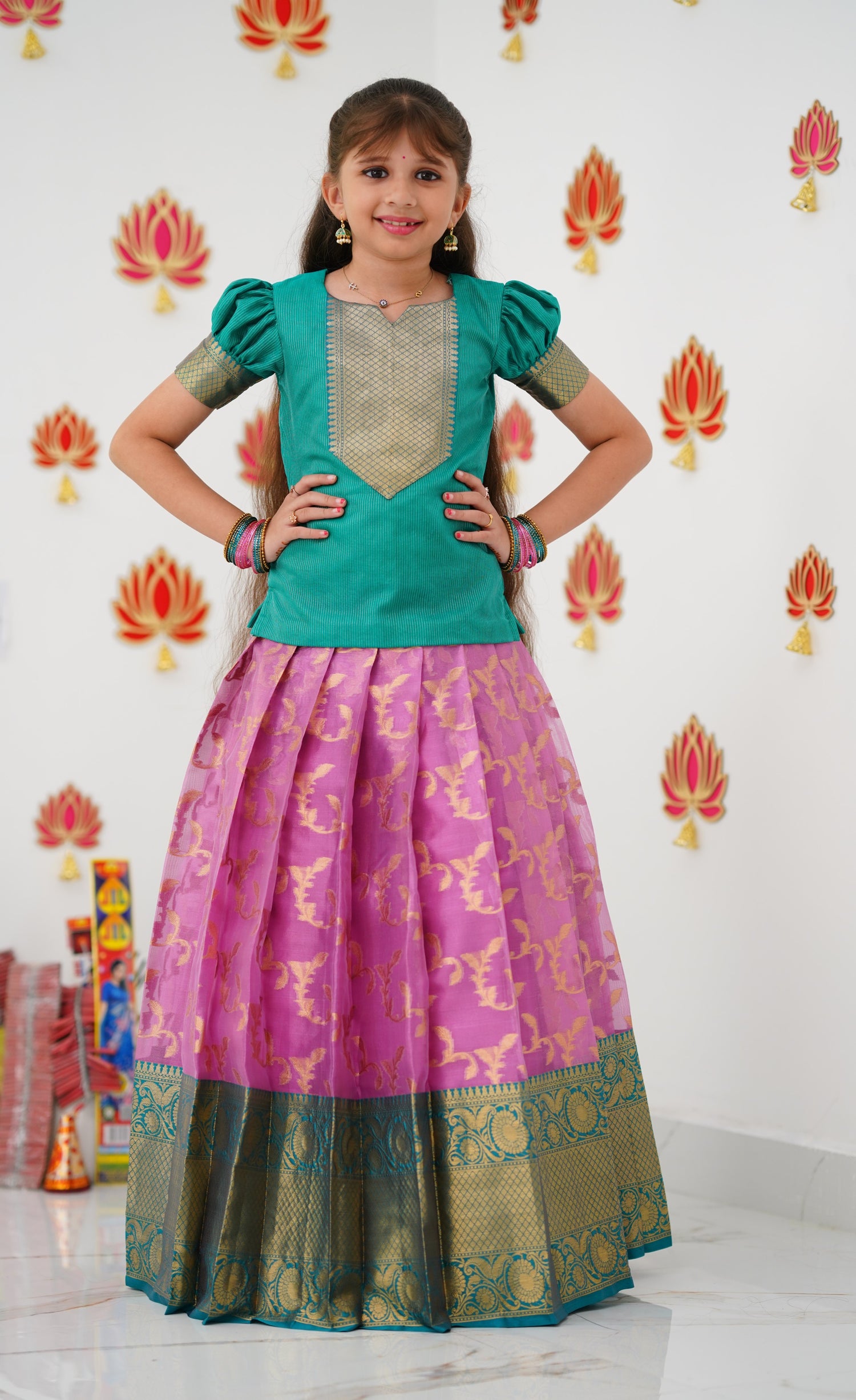 Organza Pavadai Sattai - Pink and Teal Green