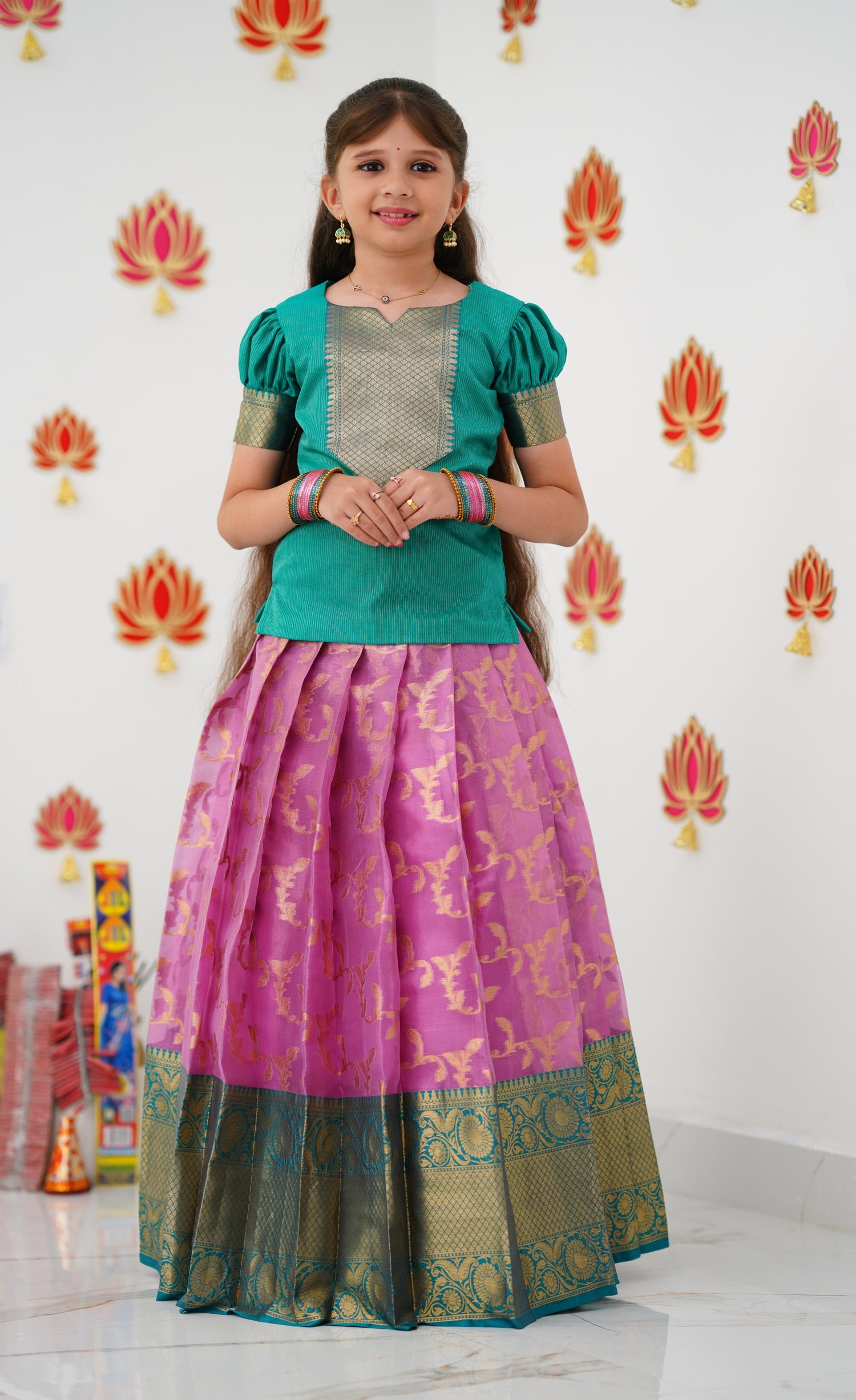 Organza Pavadai Sattai - Pink and Teal Green