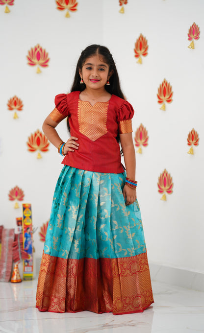 Organza Pavadai Sattai - Sky Blue and Red