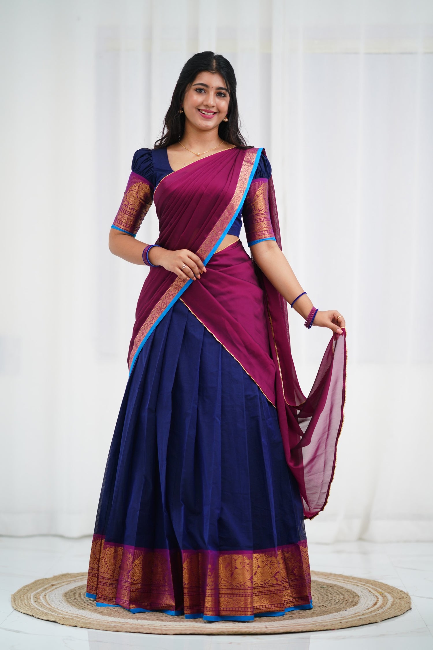 Padmaja - Navy Blue and Magenta  Cotton Halfsaree