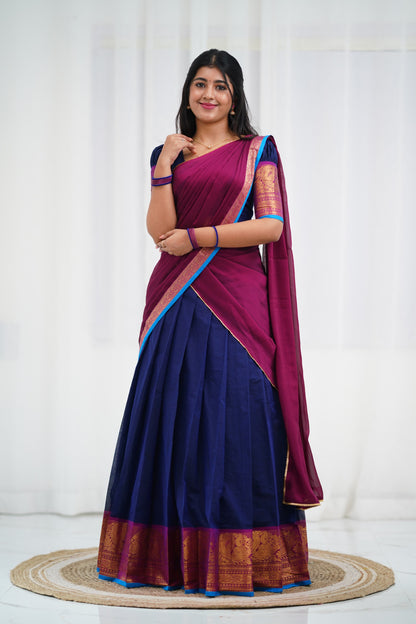 Padmaja - Navy Blue and Magenta  Cotton Halfsaree