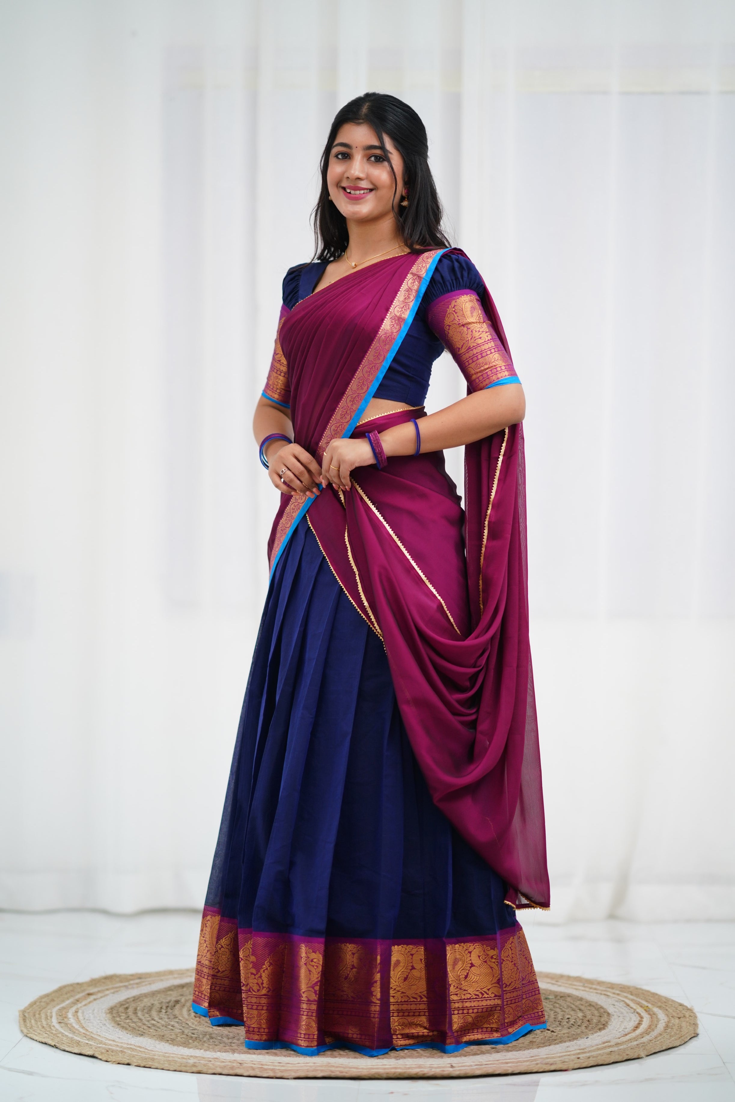 Padmaja - Navy Blue and Magenta  Cotton Halfsaree