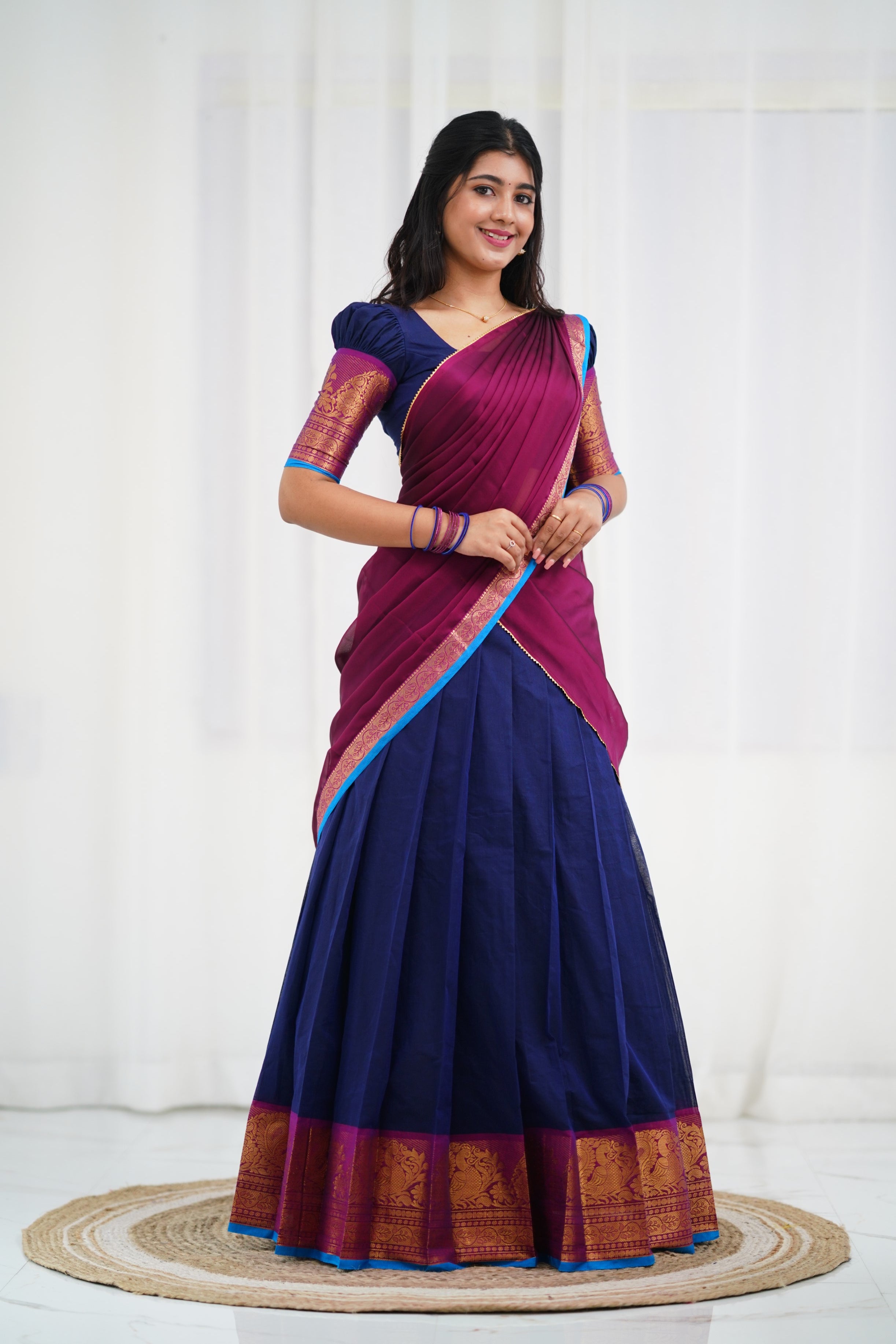 Padmaja - Navy Blue and Magenta  Cotton Halfsaree