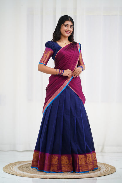 Padmaja - Navy Blue and Magenta  Cotton Halfsaree