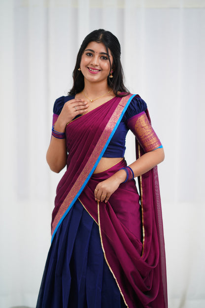 Padmaja - Navy Blue and Magenta  Cotton Halfsaree