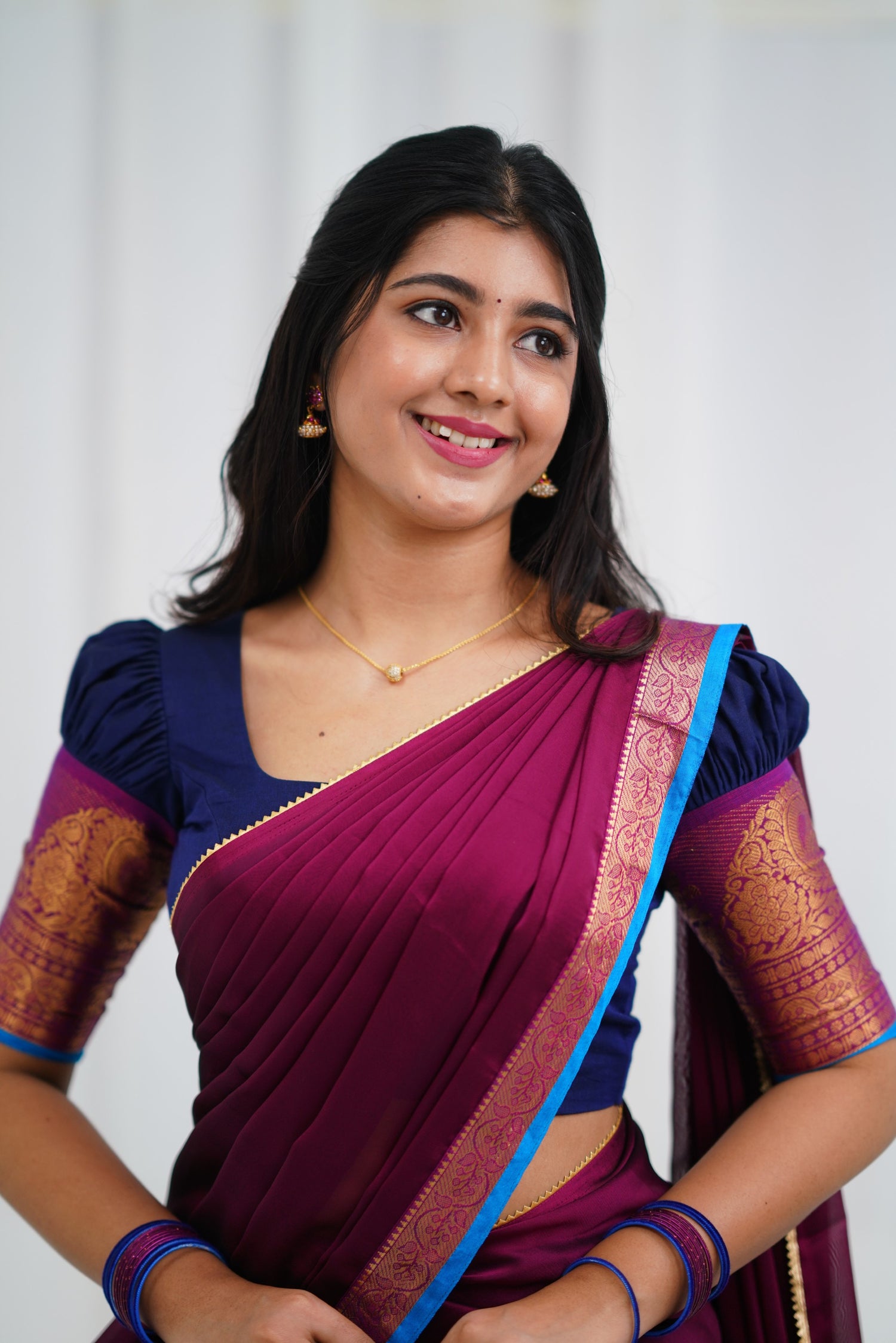 Padmaja - Navy Blue and Magenta  Cotton Halfsaree