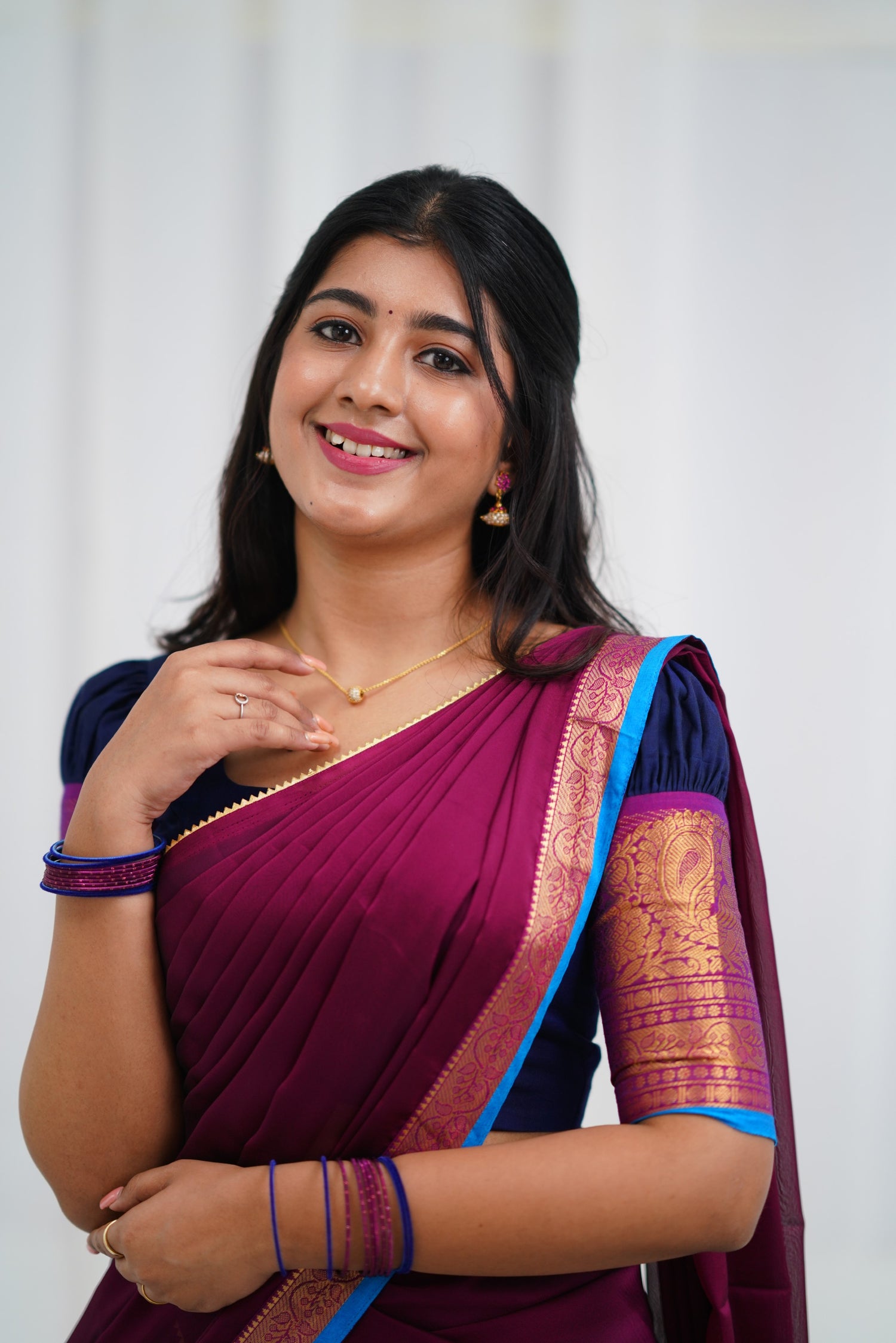 Padmaja - Navy Blue and Magenta  Cotton Halfsaree