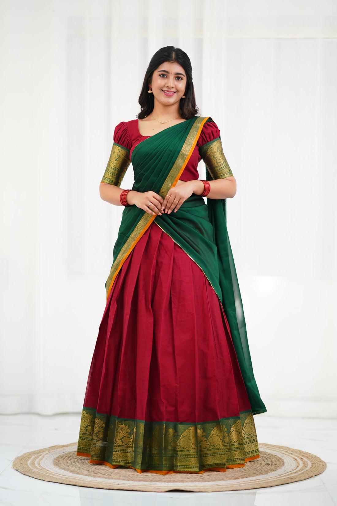 Padmaja - Maroon and Dark Green Cotton HalfSaree