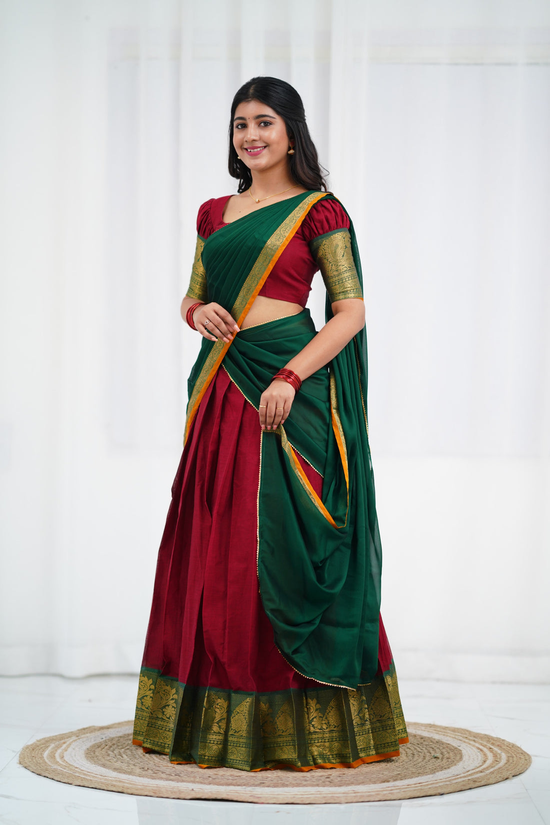 Padmaja - Maroon and Dark Green Cotton HalfSaree