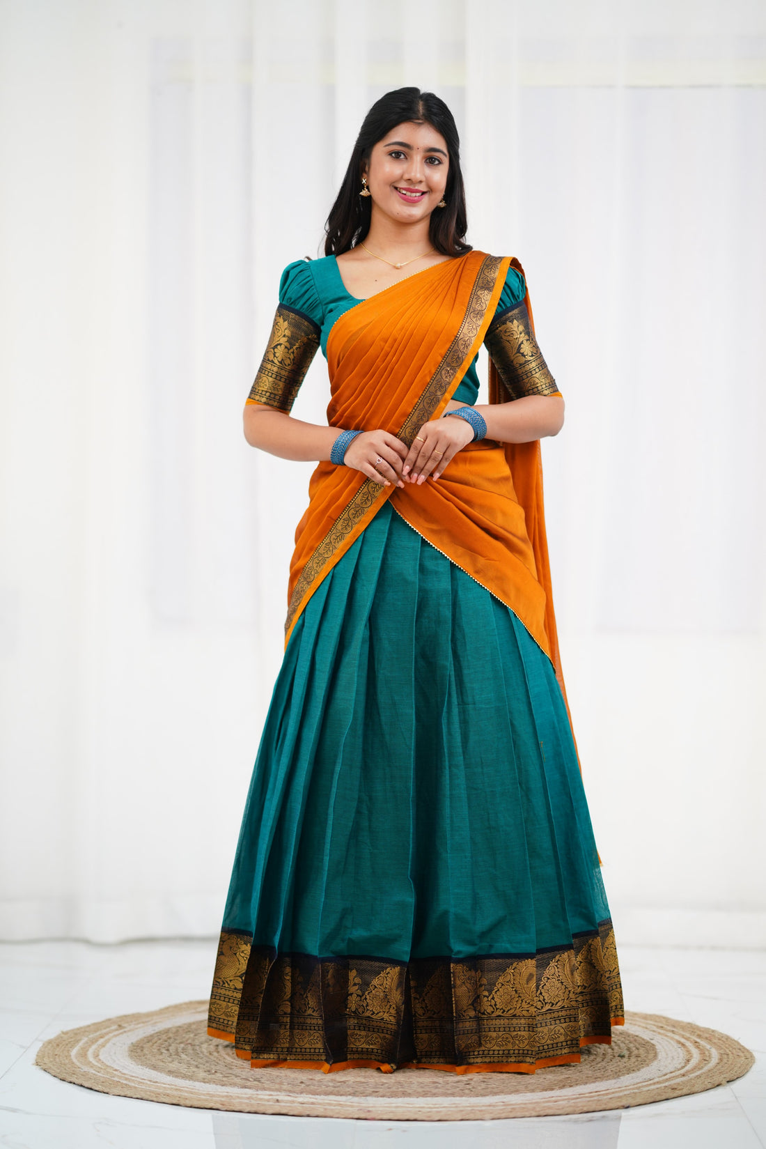 Padmaja - Teal Blue and Mustard  Cotton Halfsaree