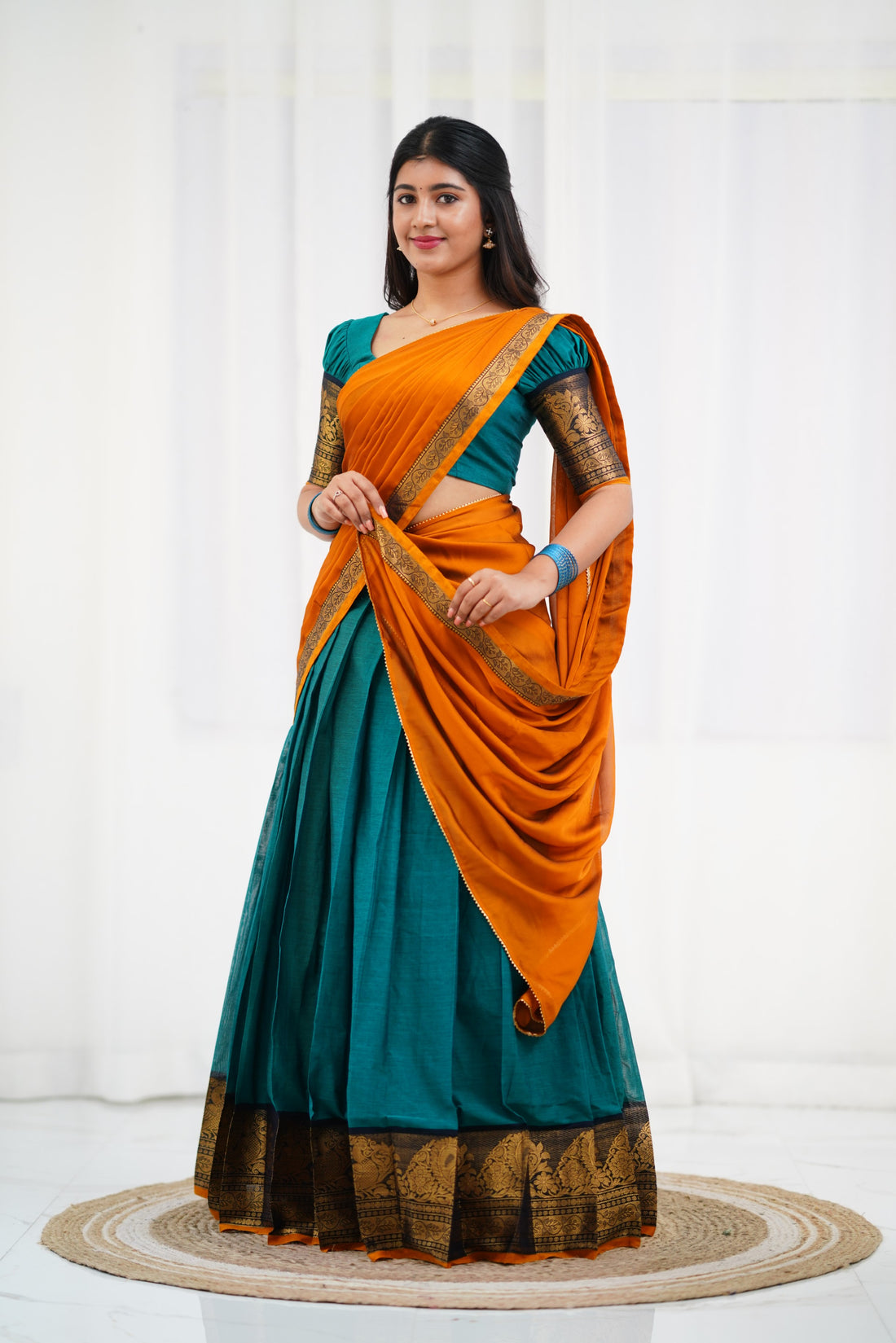 Padmaja - Teal Blue and Mustard  Cotton Halfsaree