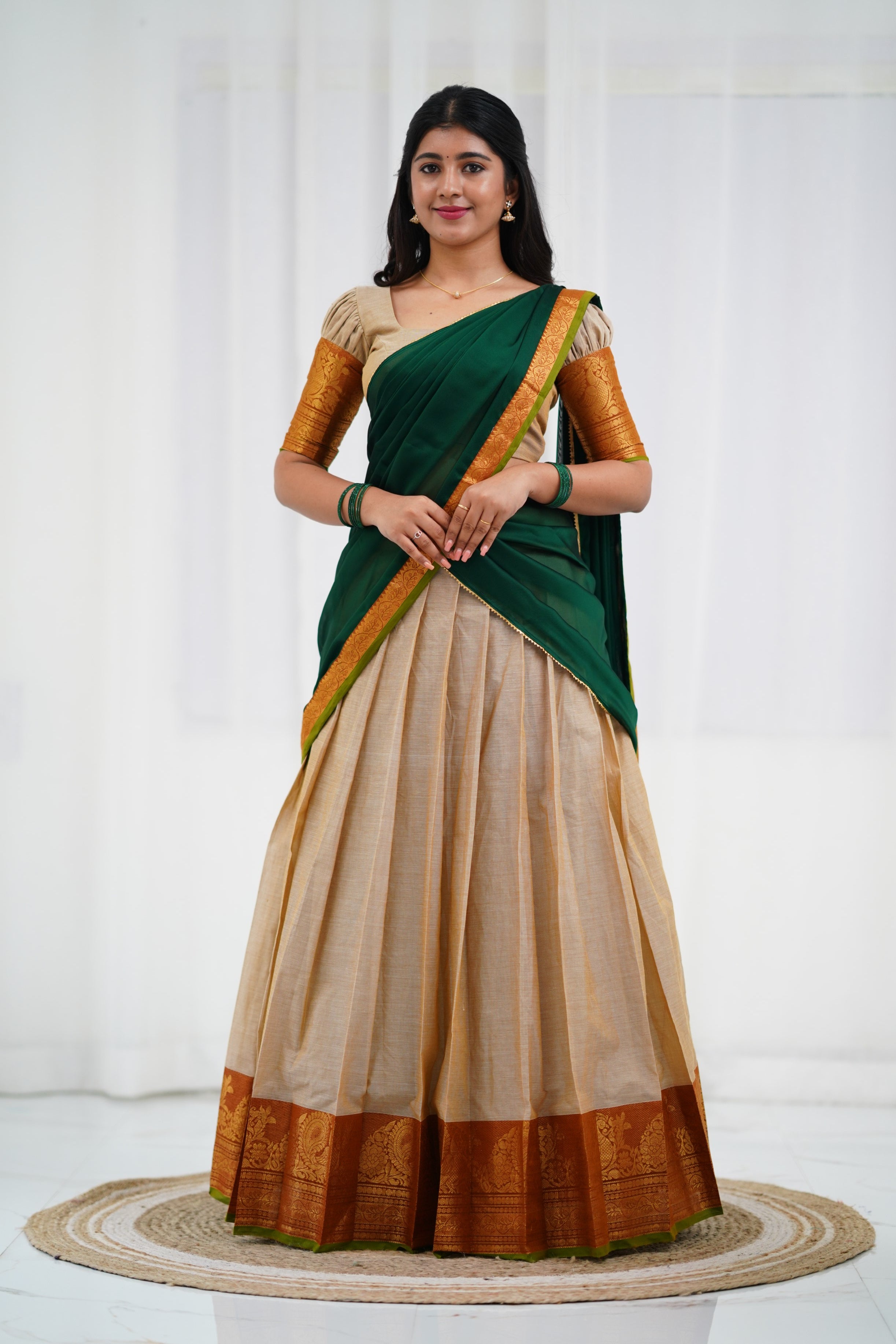 Padmaja - Off White and Bottle Green  Cotton Halfsaree