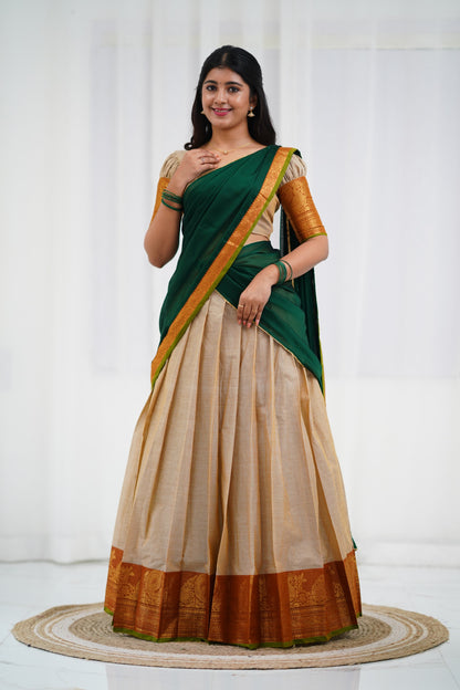 Padmaja - Off White and Bottle Green  Cotton Halfsaree