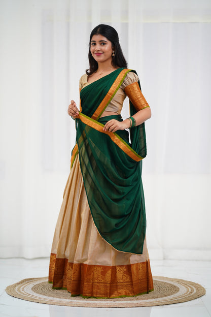 Padmaja - Off White and Bottle Green  Cotton Halfsaree