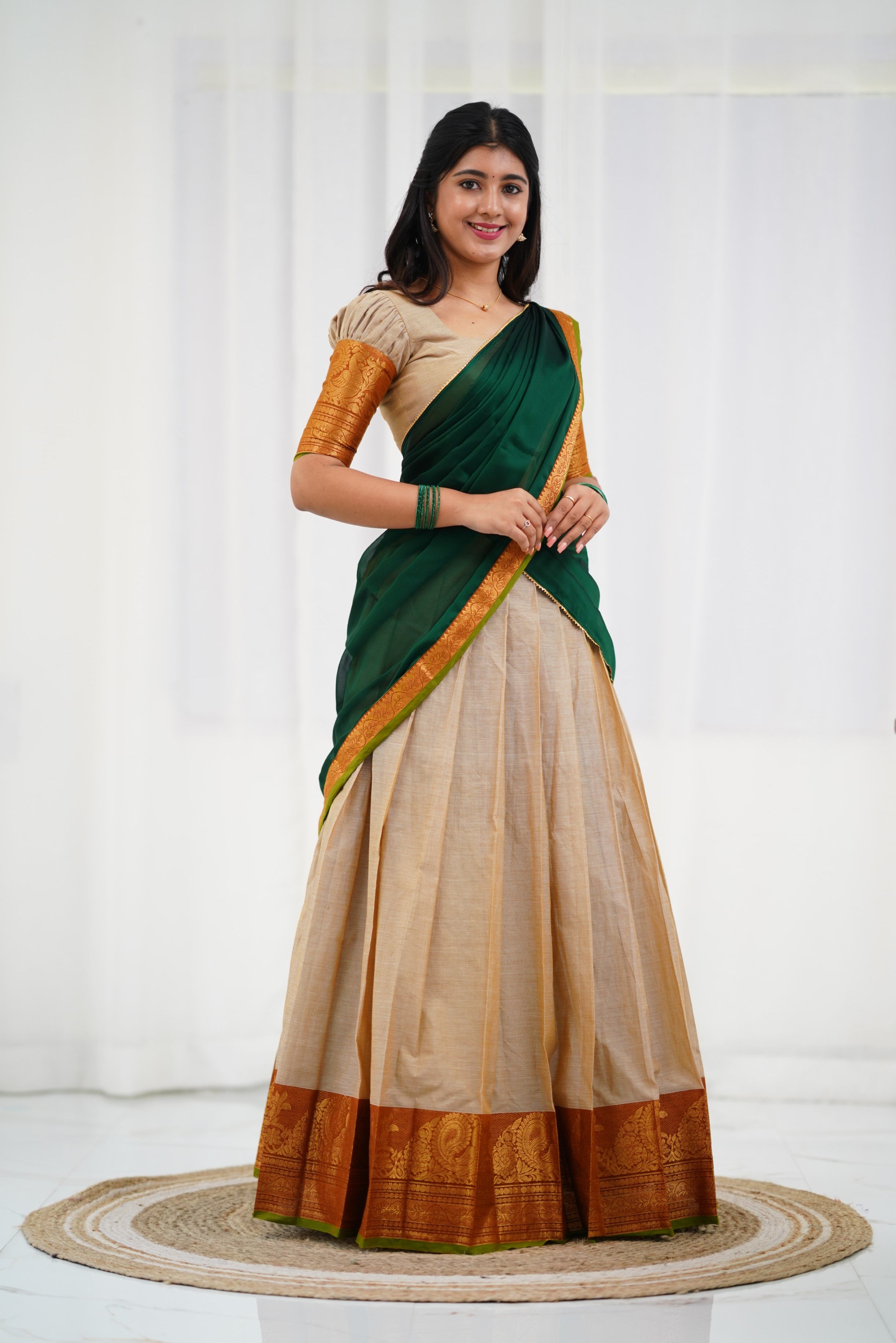 Padmaja - Off White and Bottle Green  Cotton Halfsaree