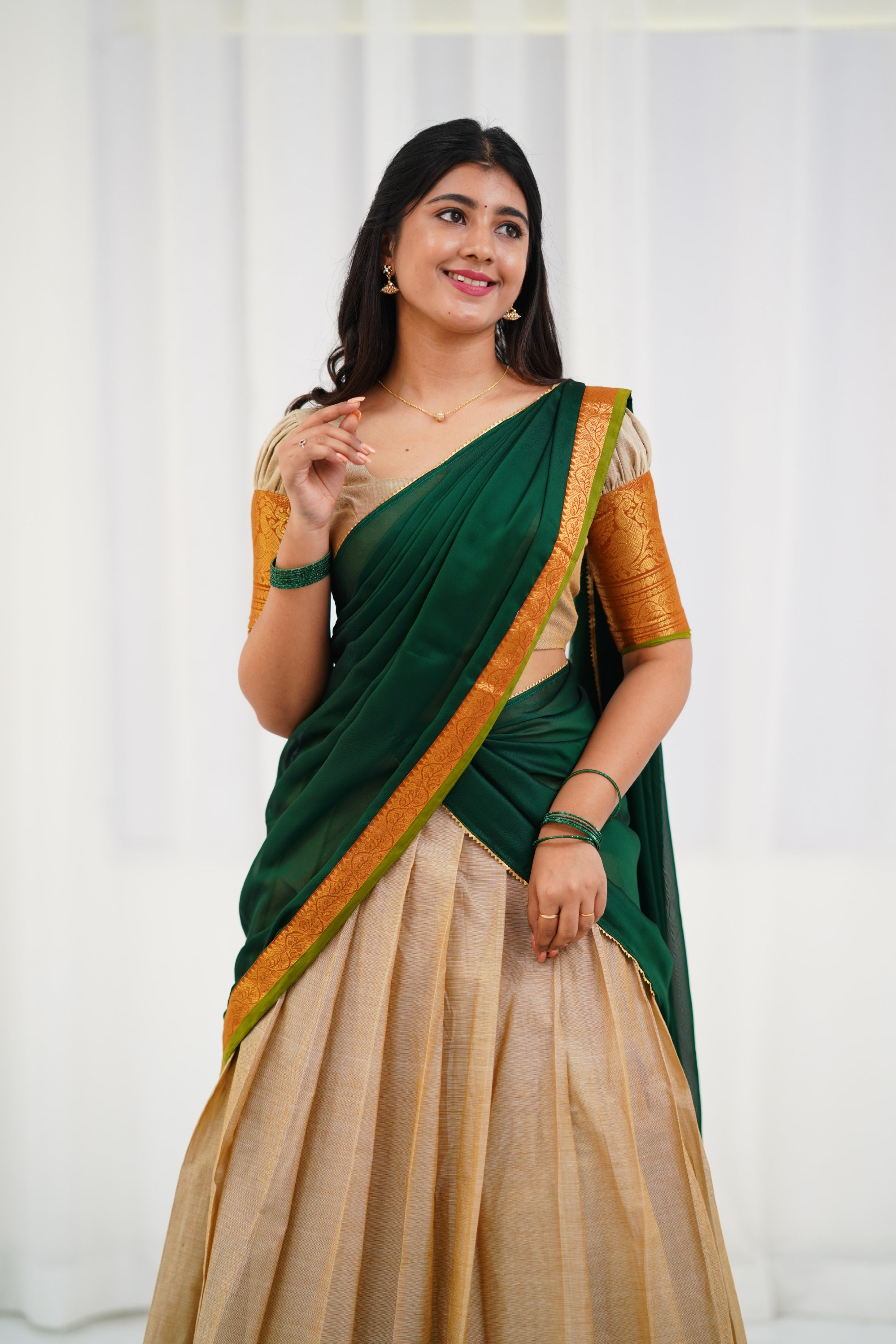 Padmaja - Off White and Bottle Green  Cotton Halfsaree