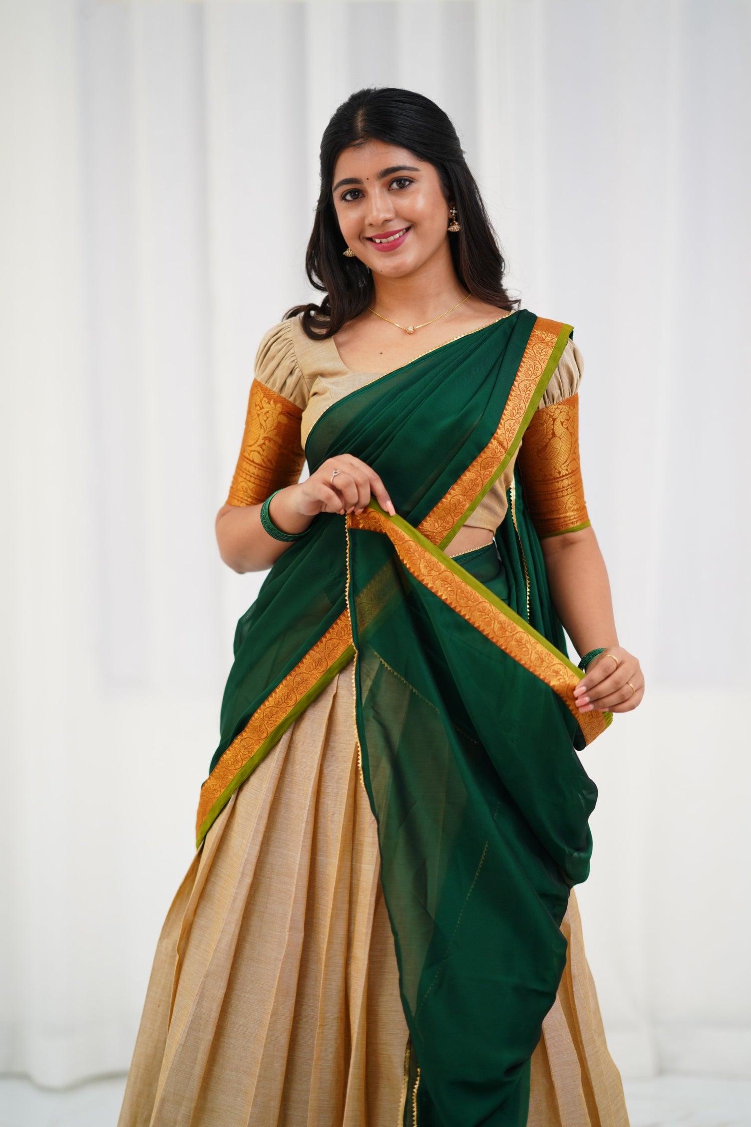 Padmaja - Off White and Bottle Green  Cotton Halfsaree