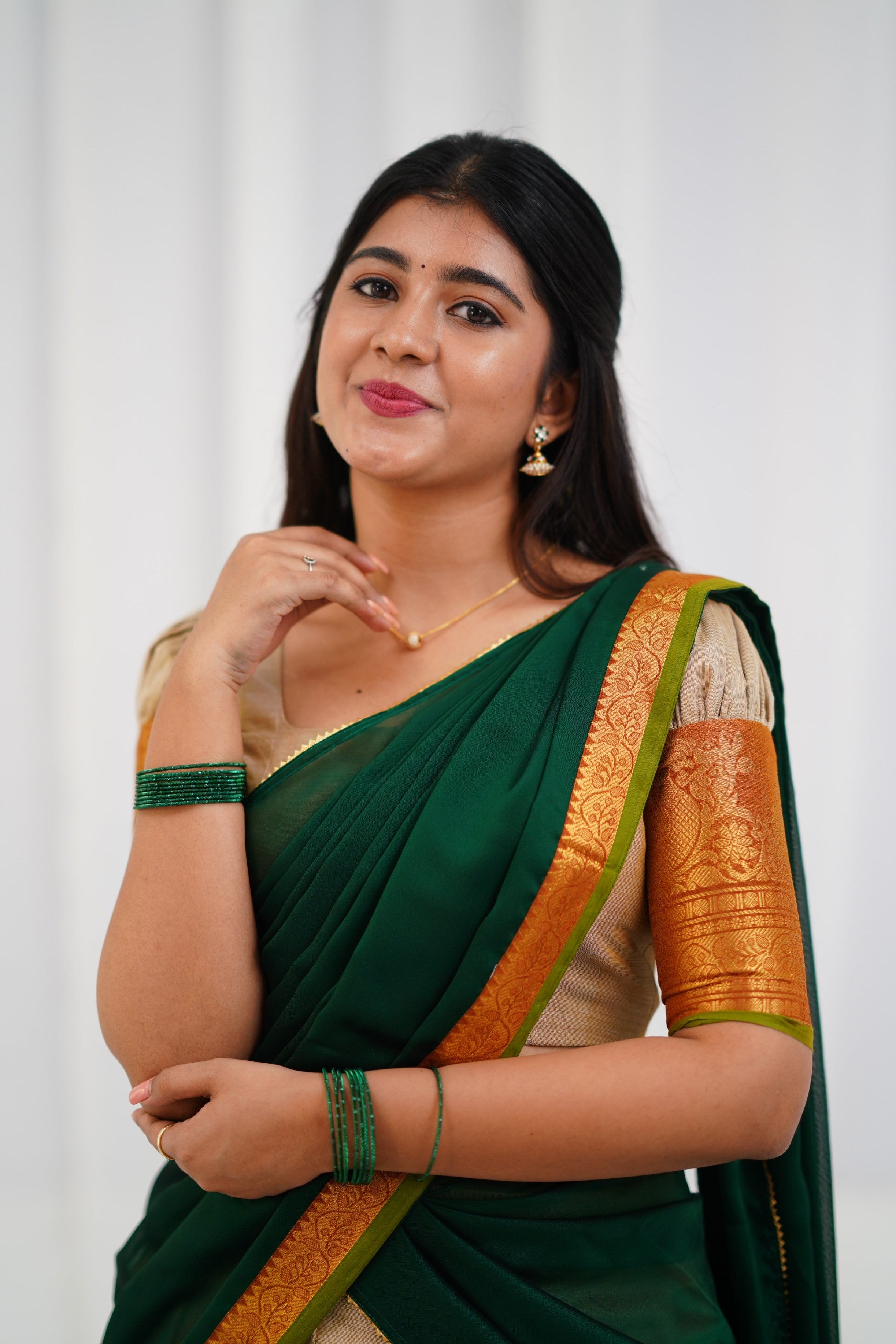 Padmaja - Off White and Bottle Green  Cotton Halfsaree