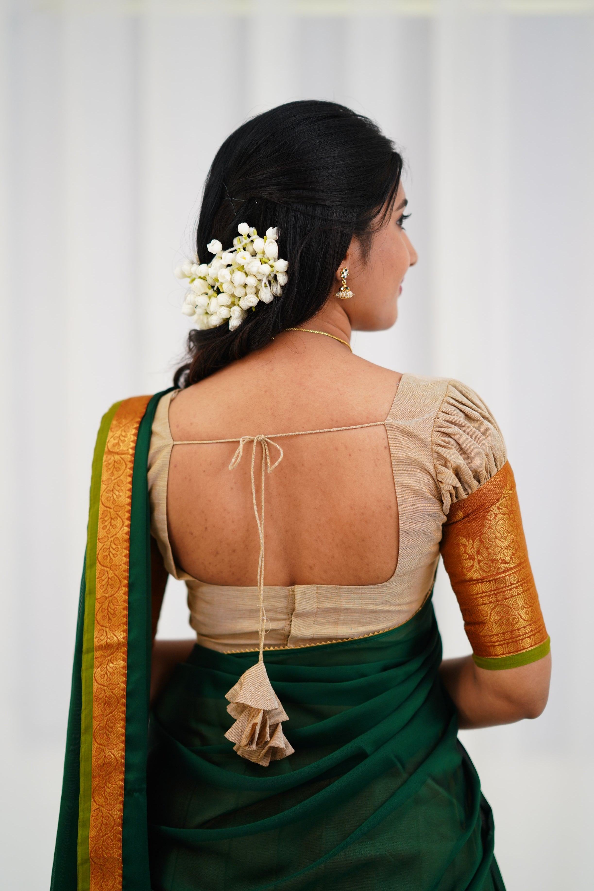 Padmaja - Off White and Bottle Green  Cotton Halfsaree