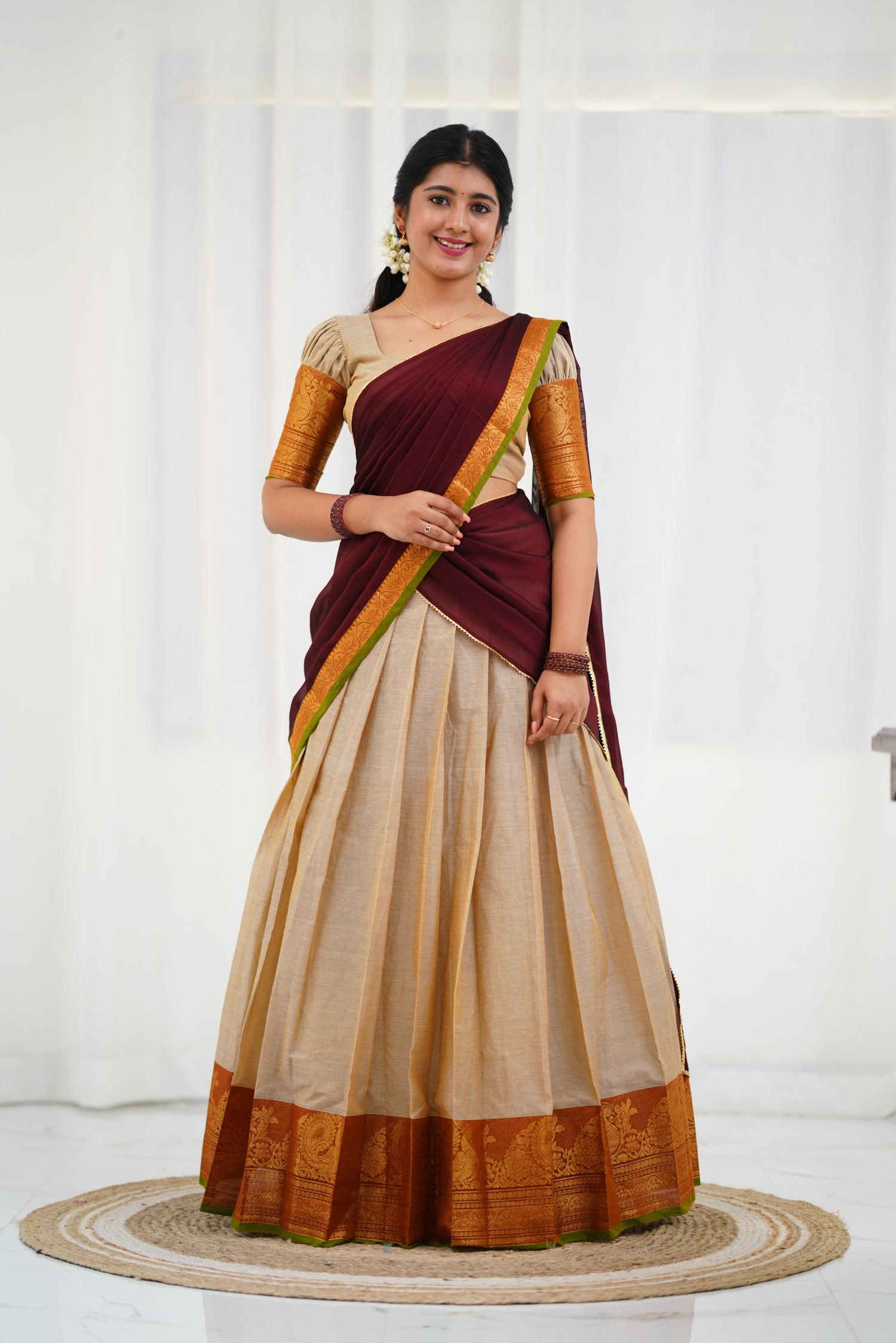 Padmaja - Half White  and Maroon  Cotton Halfsaree