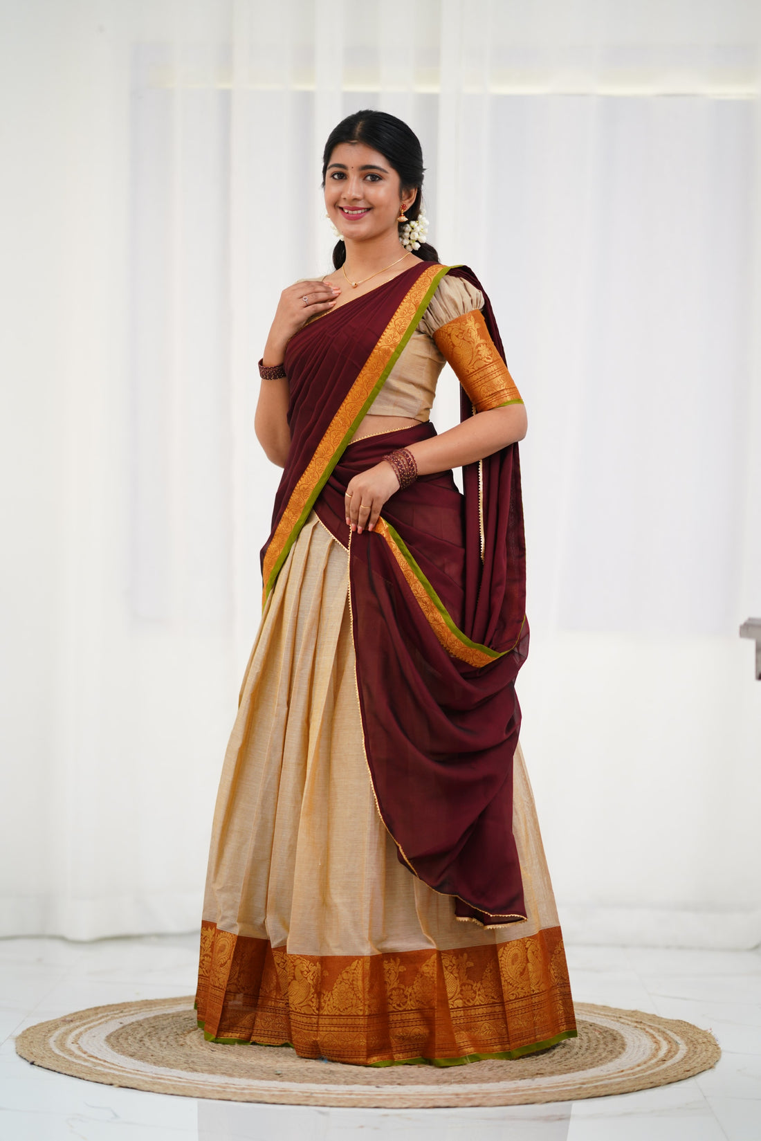 Padmaja - Half White  and Maroon  Cotton Halfsaree