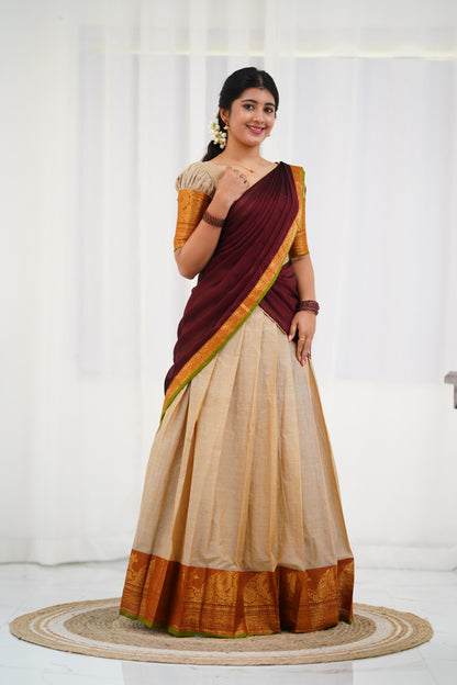 Padmaja - Half White  and Maroon  Cotton Halfsaree