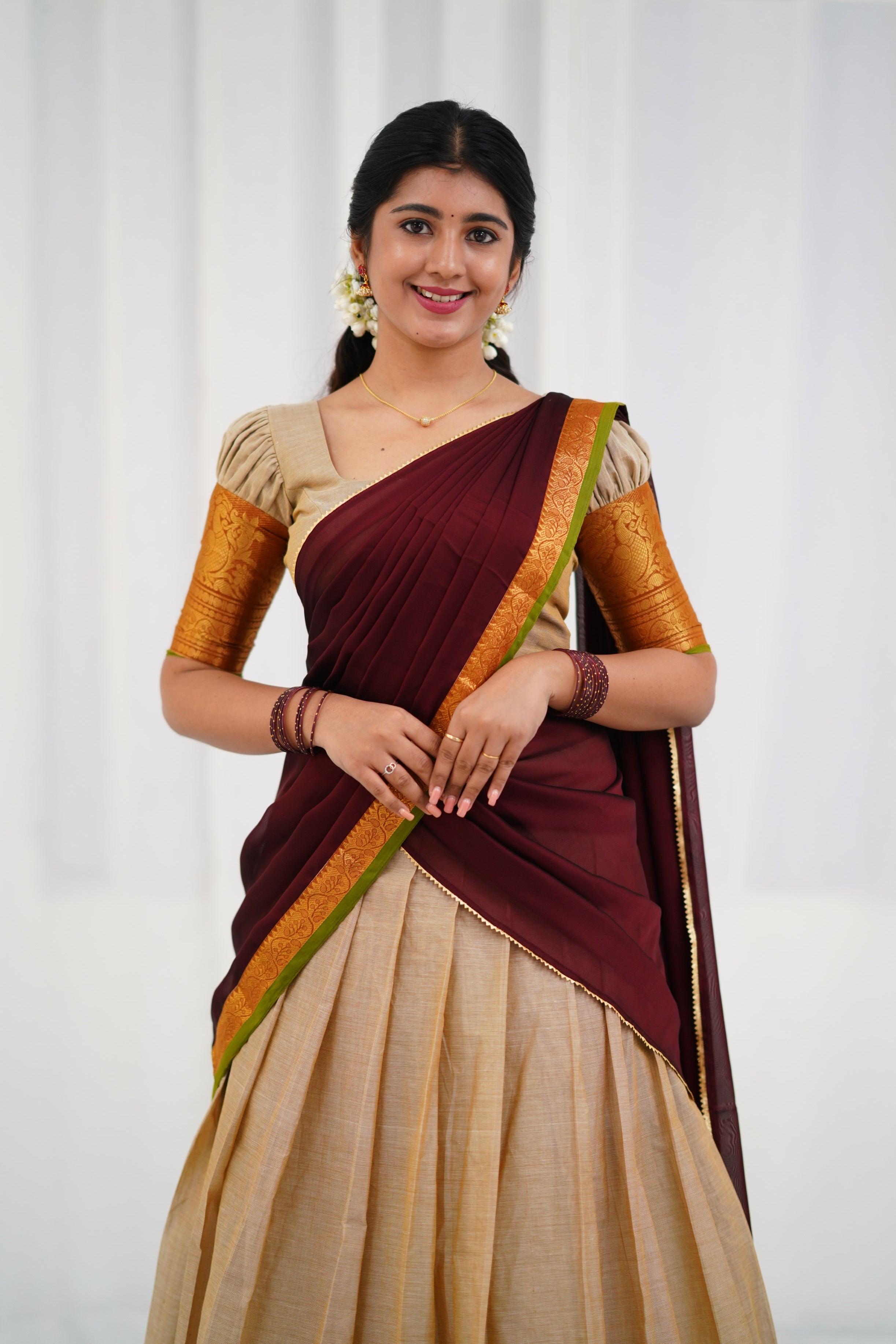 Padmaja - Half White  and Maroon  Cotton Halfsaree