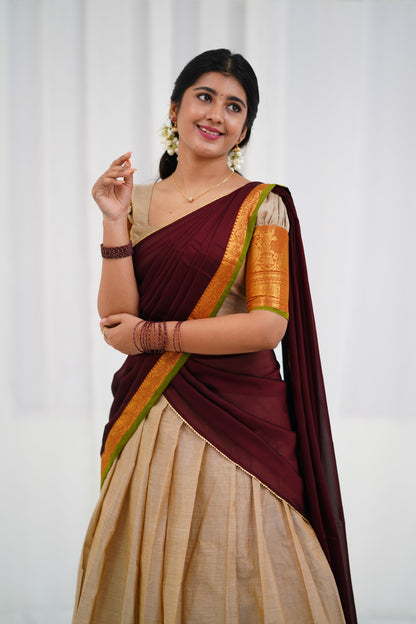 Padmaja - Half White  and Maroon  Cotton Halfsaree