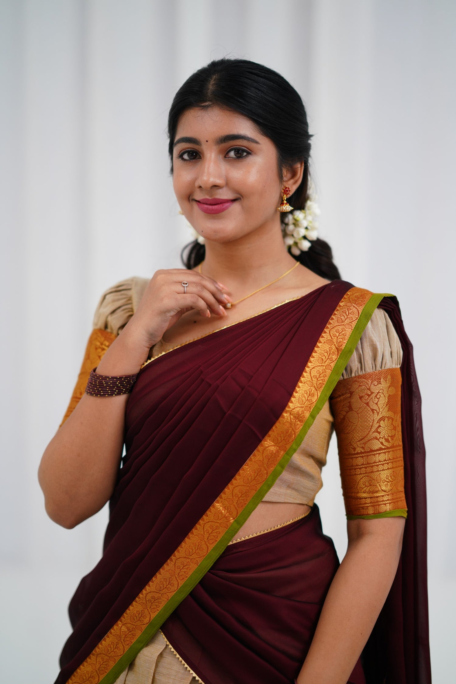 Padmaja - Half White  and Maroon  Cotton Halfsaree