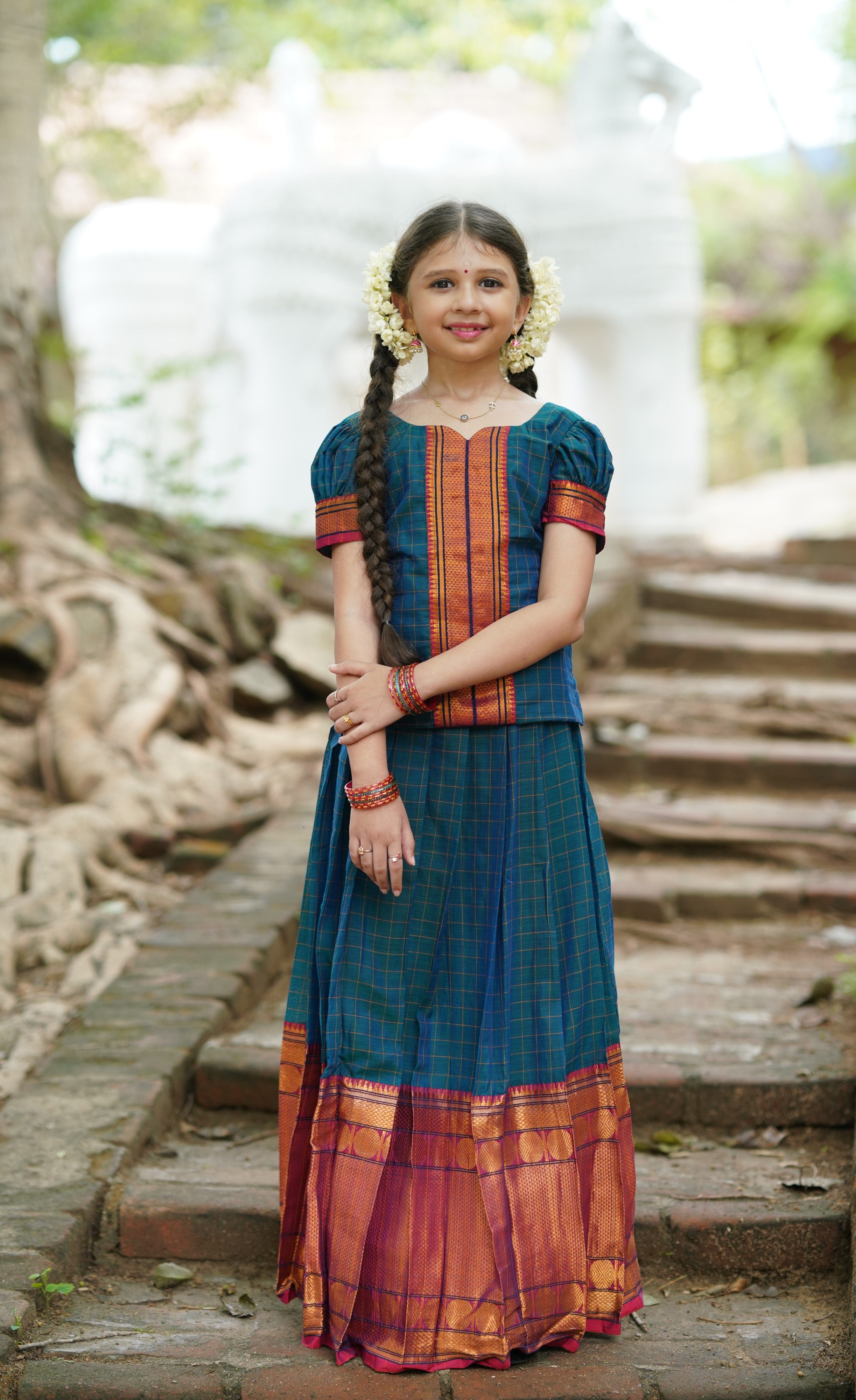 Padmaja Cotton Pavadai Sattai - Peacock Blue