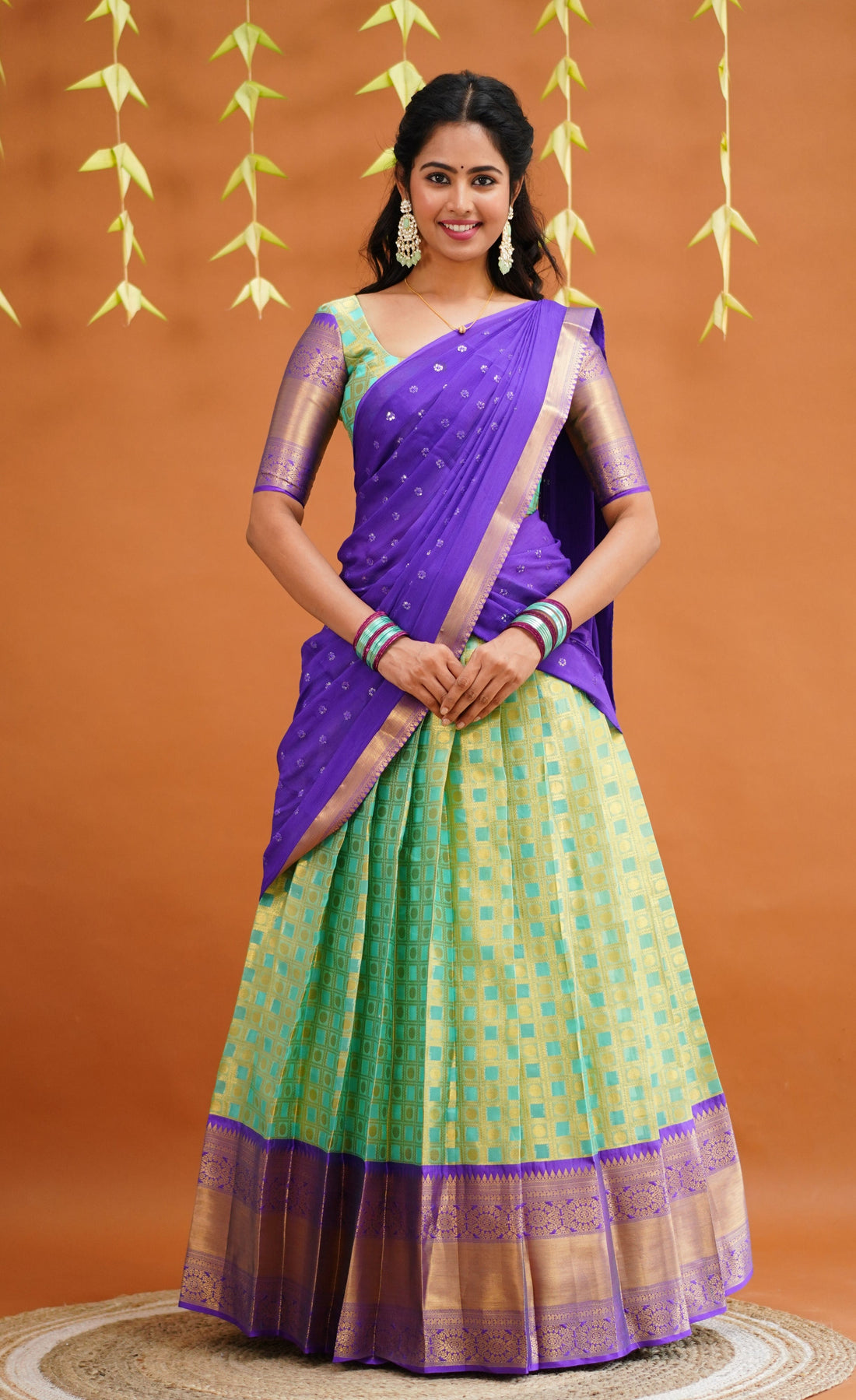 Izhaiyini Organza Half Saree - Light Sea Green And Purple Sarees