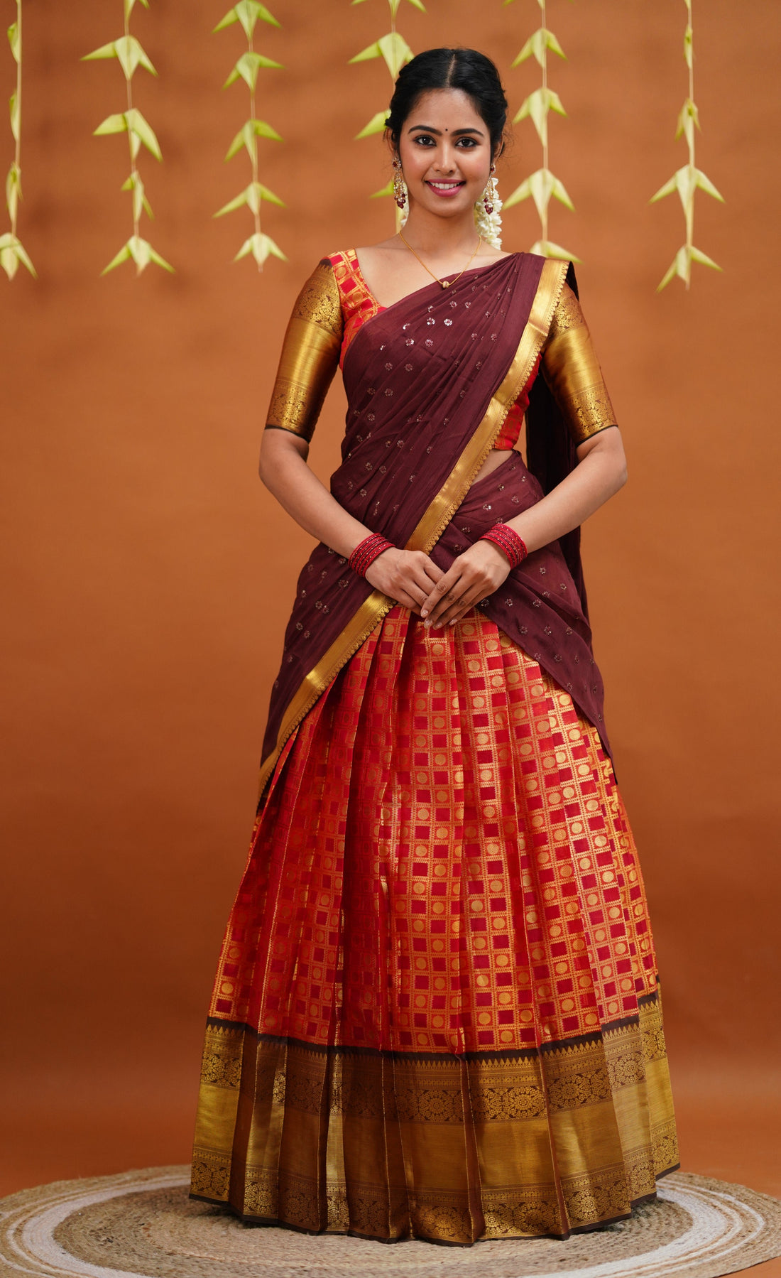 Izhaiyini Organza Half Saree - Red And Brown Sarees