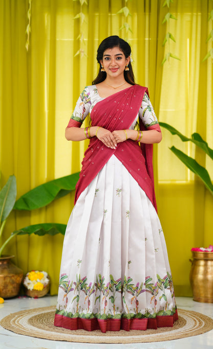 Padmakshi Blended Silk Half Saree - Off white and Dull Brick Red