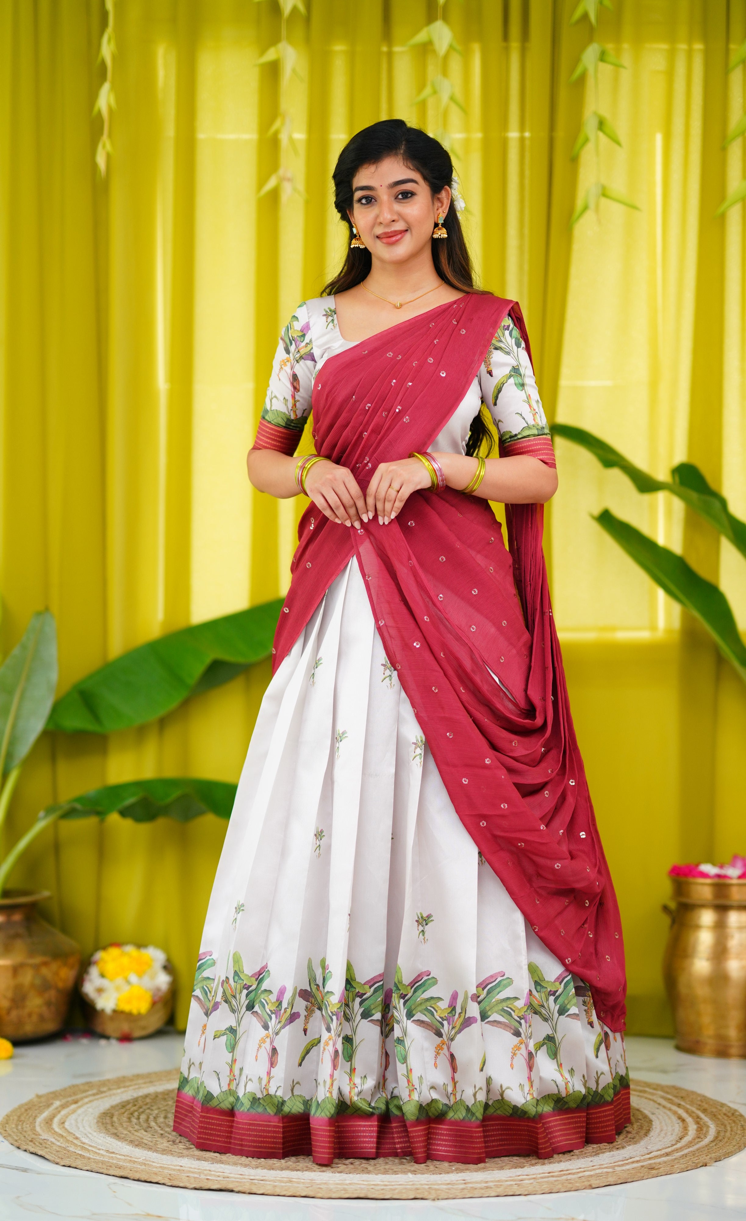 Padmakshi Blended Silk Half Saree - Off white and Dull Brick Red