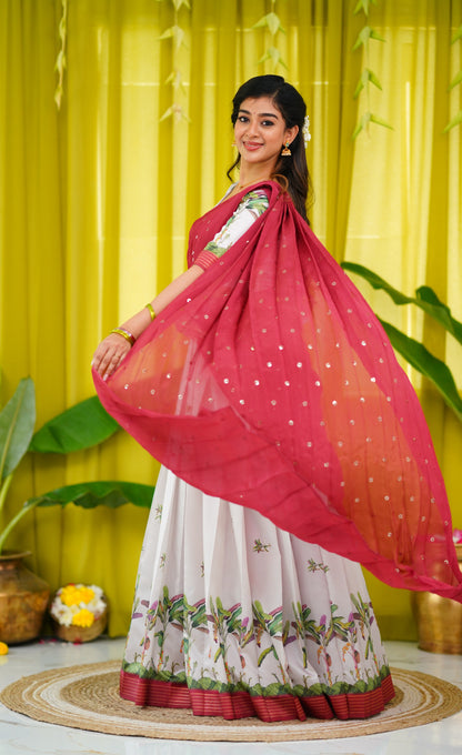 Padmakshi Blended Silk Half Saree - Off white and Dull Brick Red