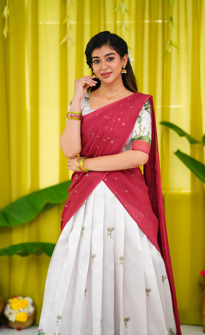 Padmakshi Blended Silk Half Saree - Off white and Dull Brick Red