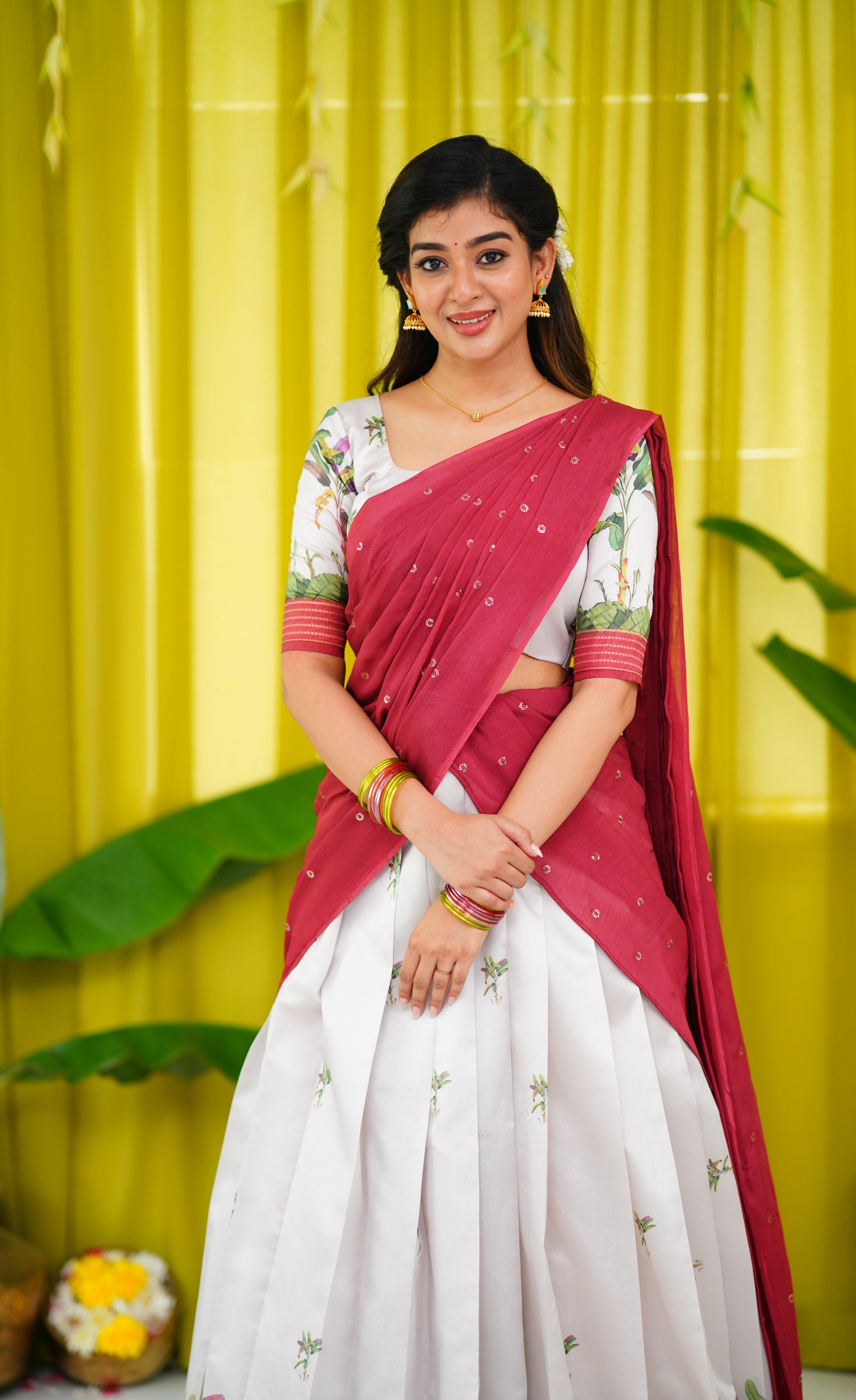 Padmakshi Blended Silk Half Saree - Off white and Dull Brick Red