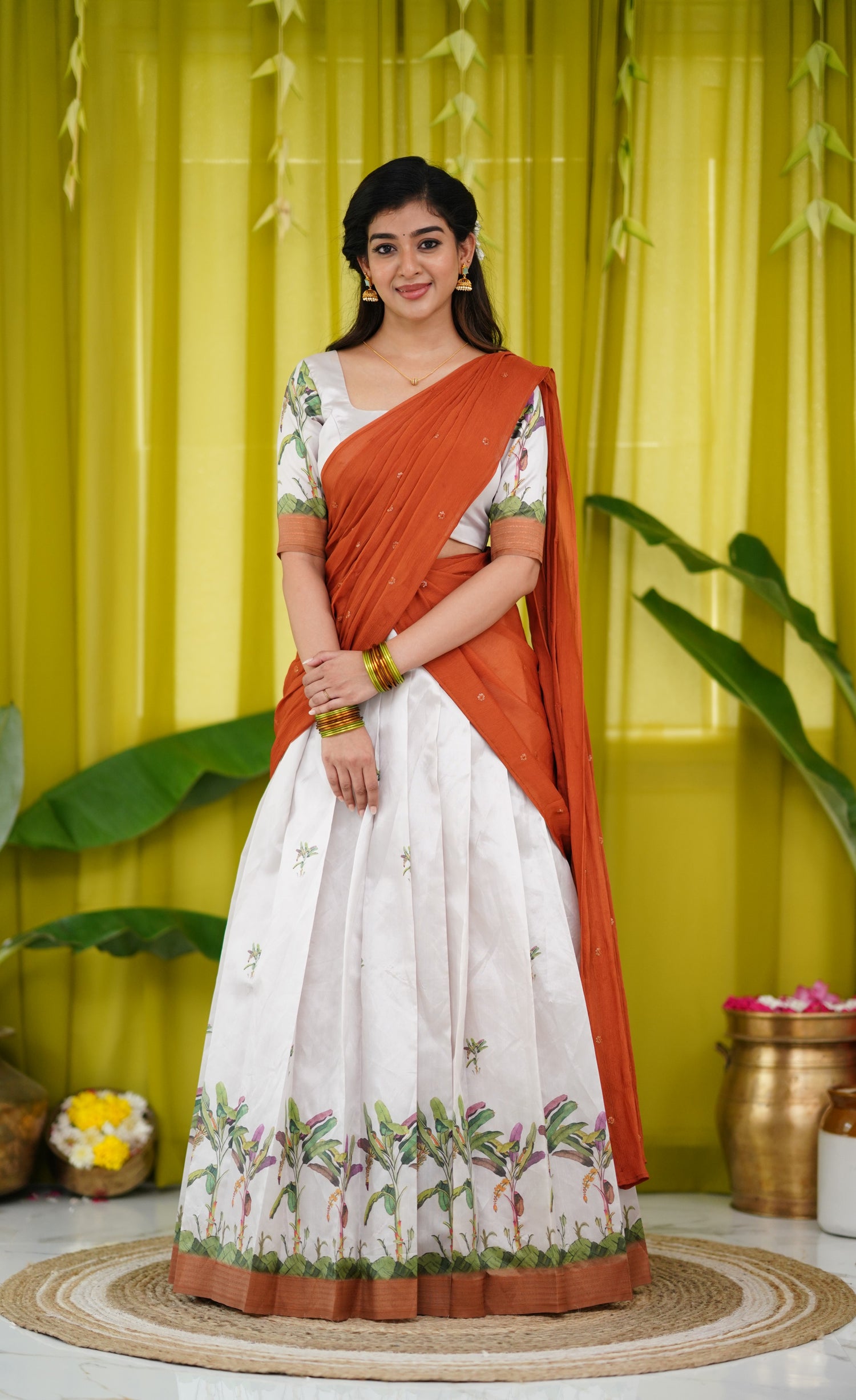 Padmakshi Blended Silk Half Saree - Off white and Dark Mustard Orange