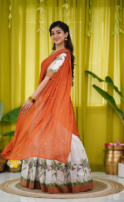 Padmakshi Blended Silk Half Saree - Off white and Dark Mustard Orange