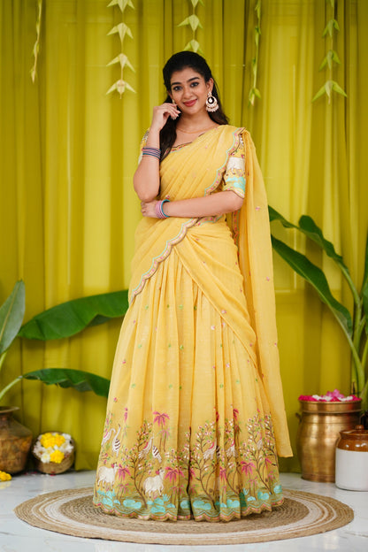 Prachi Metallic Chiffon Half Saree - Yellow Sarees