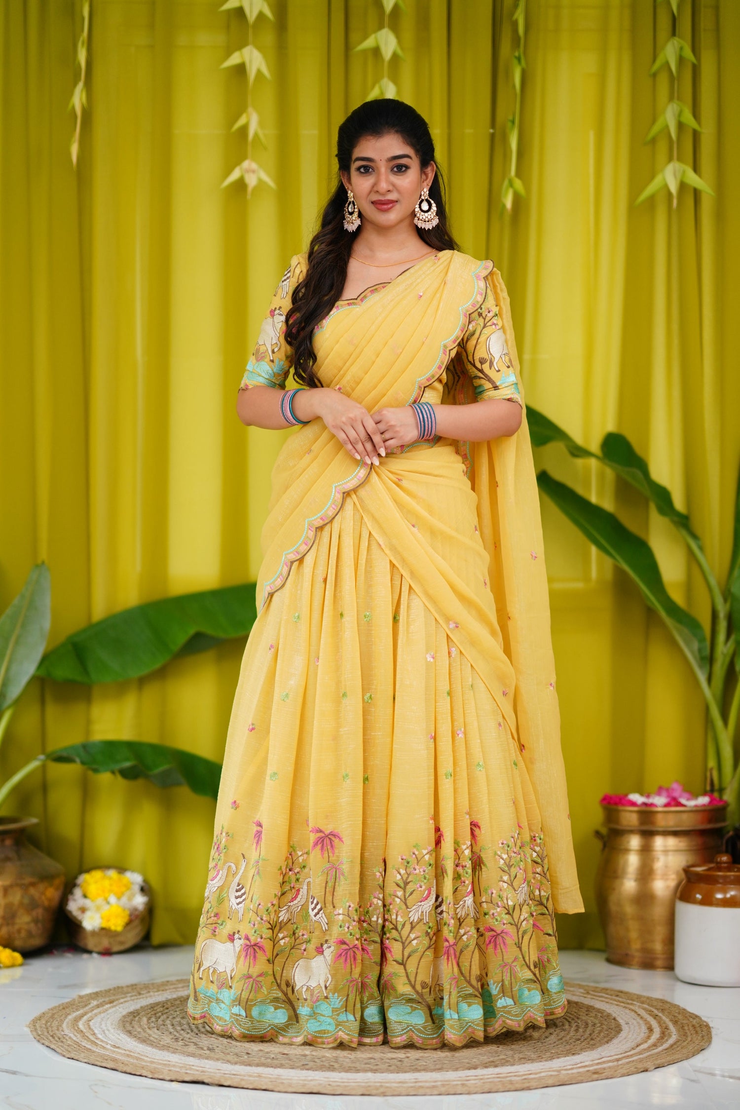 Prachi Metallic Chiffon Half Saree - Yellow Sarees