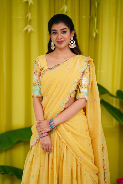 Prachi Metallic Chiffon Half Saree - Yellow Sarees