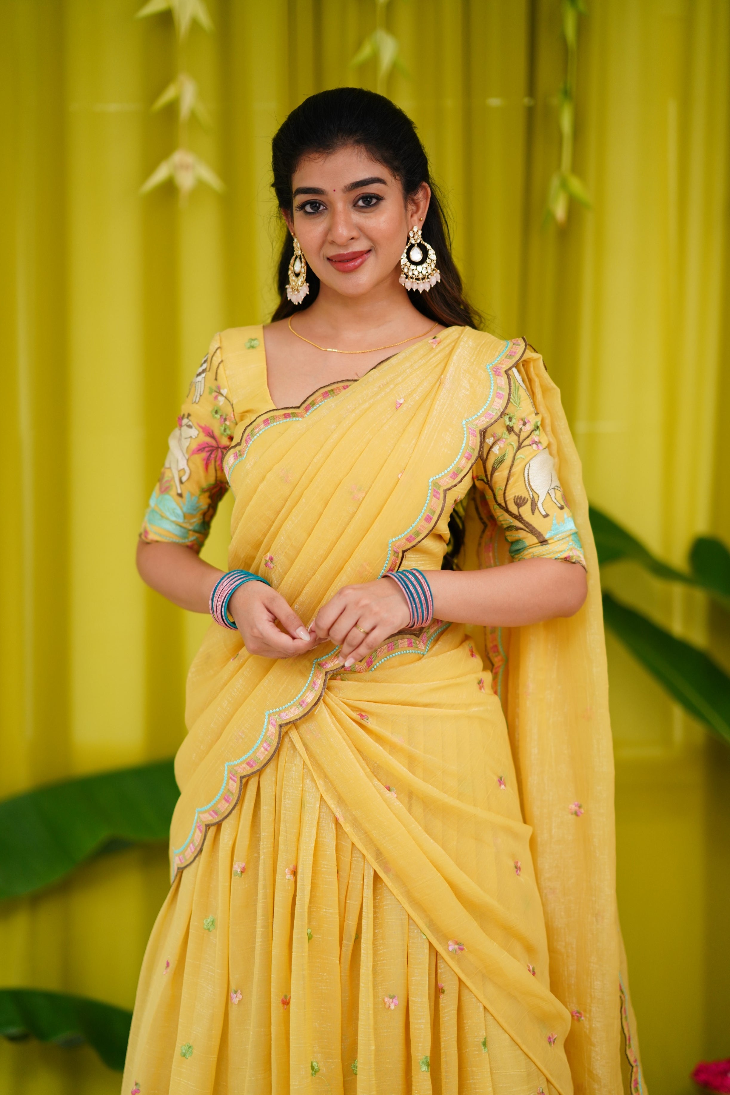 Prachi Metallic Chiffon Half Saree - Yellow Sarees