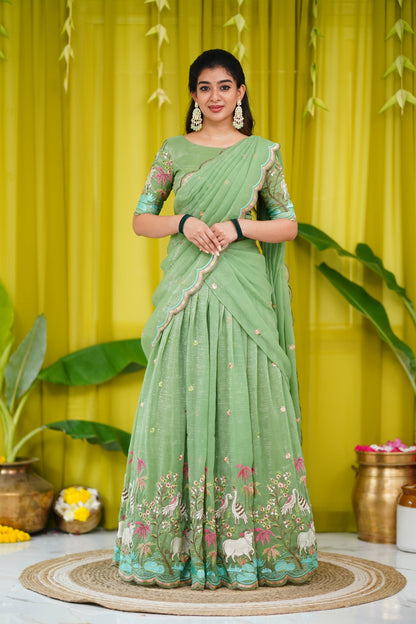 Prachi Metallic Chiffon Half Saree - Dull Green Sarees