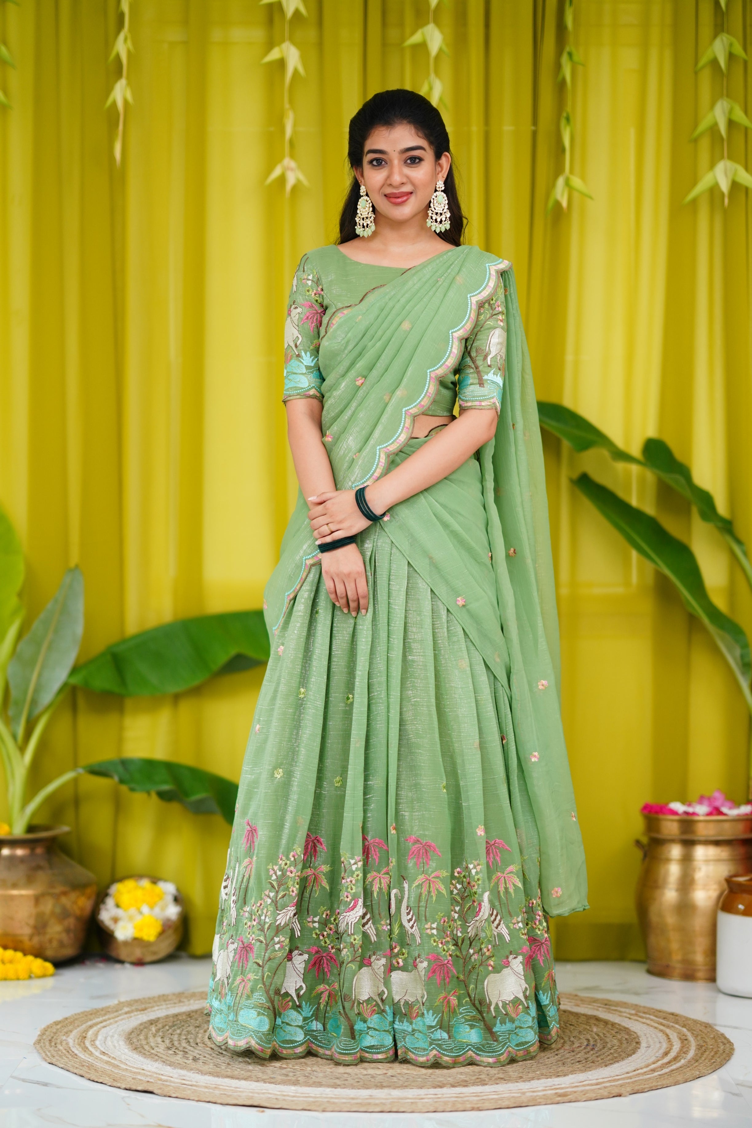 Prachi Metallic Chiffon Half Saree - Dull Green Sarees