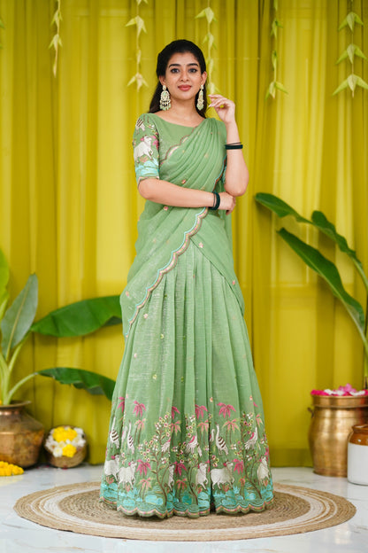 Prachi Metallic Chiffon Half Saree - Dull Green Sarees