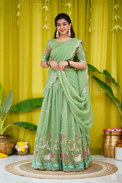 Prachi Metallic Chiffon Half Saree - Dull Green Sarees